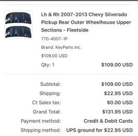 770-4007-1p Key Parts Inc. Lh And Rh 2007-2013 Chevy Silverado Pickup Rear Outer Wheelhouse Upper Sections- F