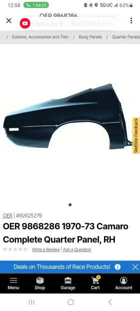 A10167-lh Oer Full Quarter Panel 70-73 Camaro